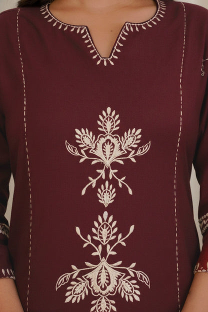 Wine Maroon Cotton Kurta and Pant Set with White Floral Embroidered