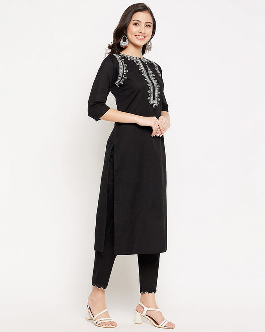 Black Cotton Kurta and Pant Set White Embroidery