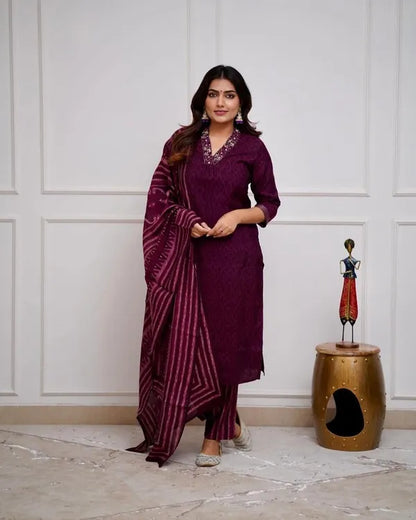 Libas Wine Cotton Kurta With Pant & Dupatta Set For Women