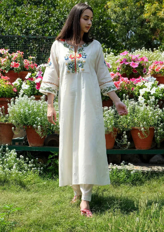 Libas Off White Embroidered Cotton Kurta And Pant Set
