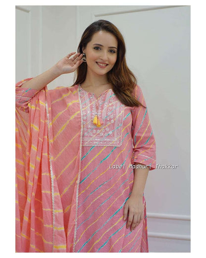 Libas Pink Leheriya Cotton  Blend Embroidered Suit Set For Women
