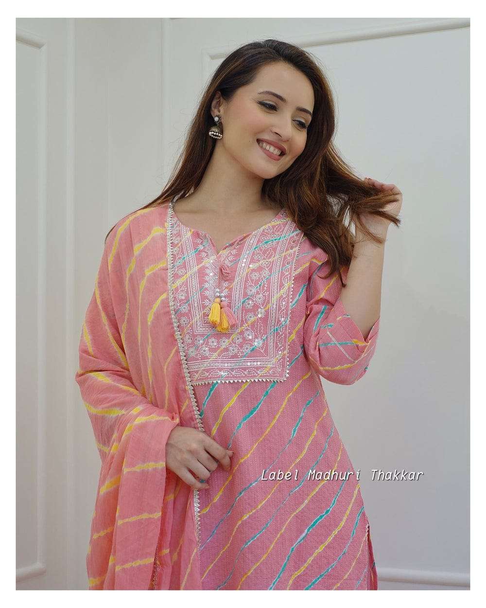 Libas Pink Leheriya Cotton  Blend Embroidered Suit Set For Women