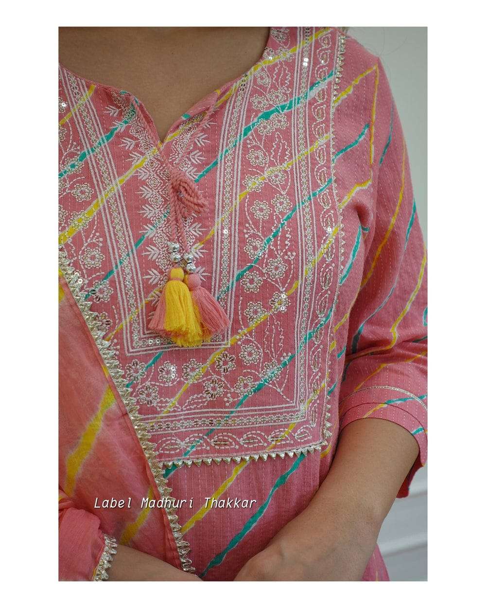 Libas Pink Leheriya Cotton  Blend Embroidered Suit Set For Women