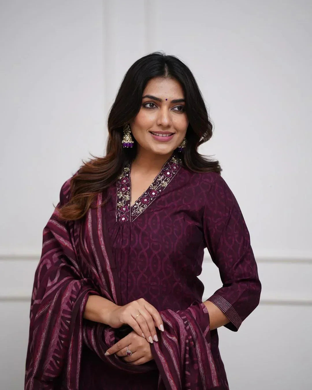 Libas Wine Cotton Kurta With Pant & Dupatta Set For Women