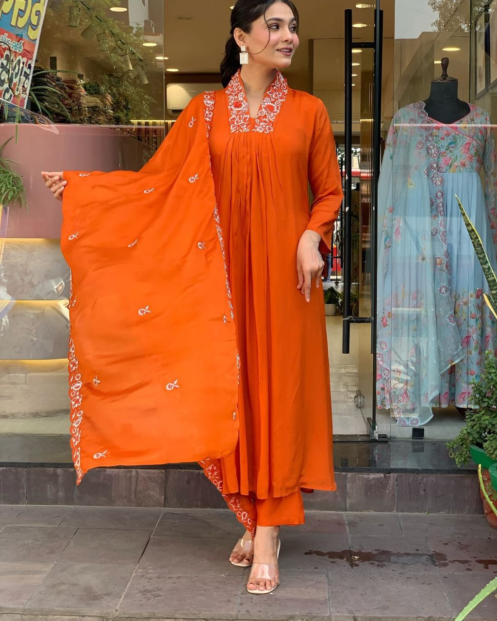 Libas Beautiful Cotton Fabric Kurti Pant With Malmal Dupatta(Orange)