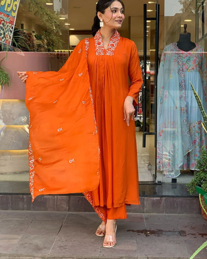 Libas Beautiful Cotton Fabric Kurti Pant With Malmal Dupatta(Orange)