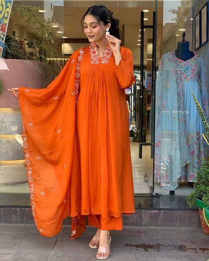 Libas Beautiful Cotton Fabric Kurti Pant With Malmal Dupatta(Orange)