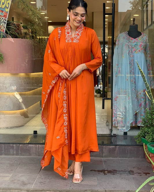 Libas Beautiful Cotton Fabric Kurti Pant With Malmal Dupatta(Orange)