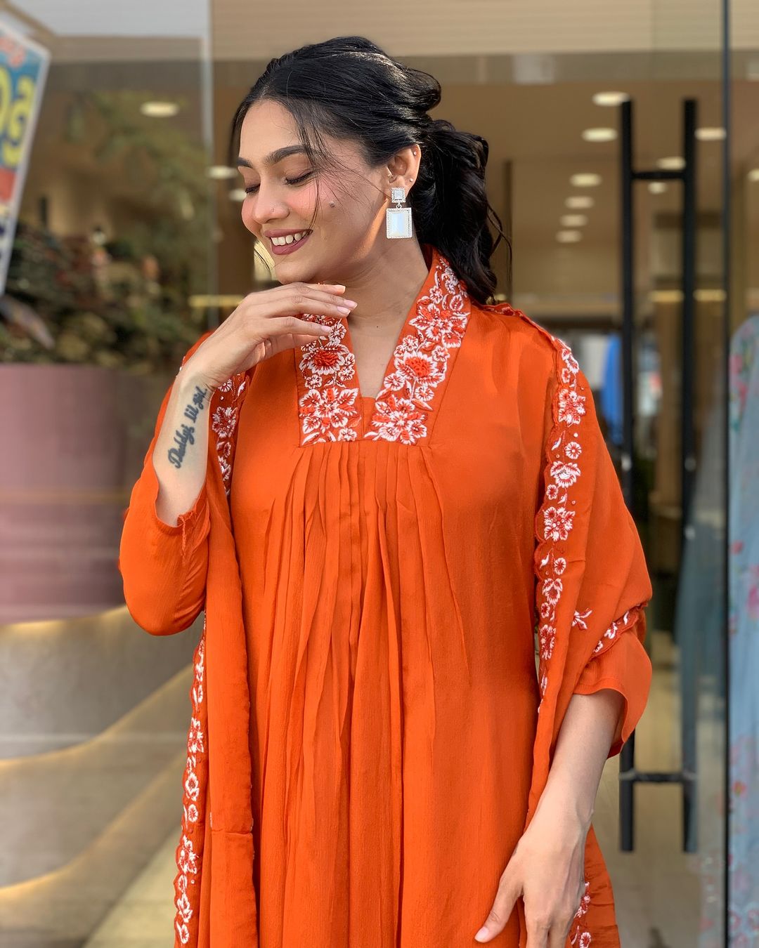 Libas Beautiful Cotton Fabric Kurti Pant With Malmal Dupatta(Orange)