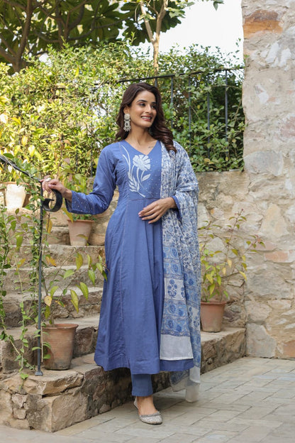 Libas Blue Kurta Suit Set With Floral Embroidery