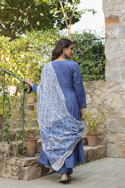 Libas Blue Kurta Suit Set With Floral Embroidery