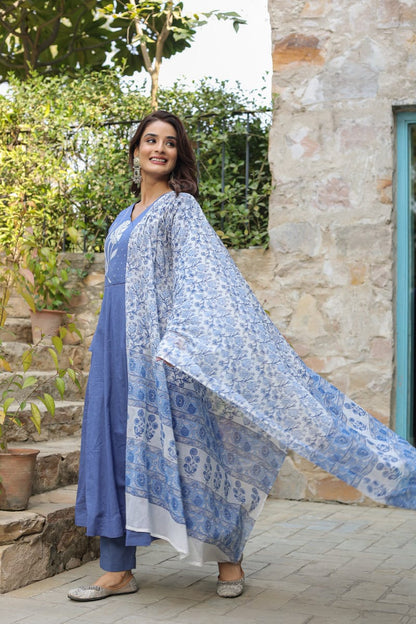 Libas Blue Kurta Suit Set With Floral Embroidery