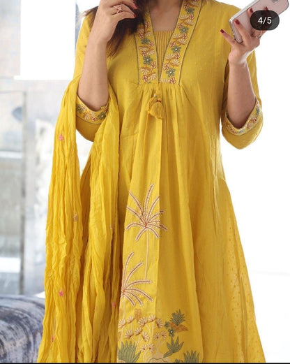 Libas Women Yellow Nri Embroidery Cotton Kurta Pant And Dupatta Set