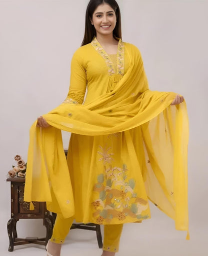 Libas Women Yellow Nri Embroidery Cotton Kurta Pant And Dupatta Set