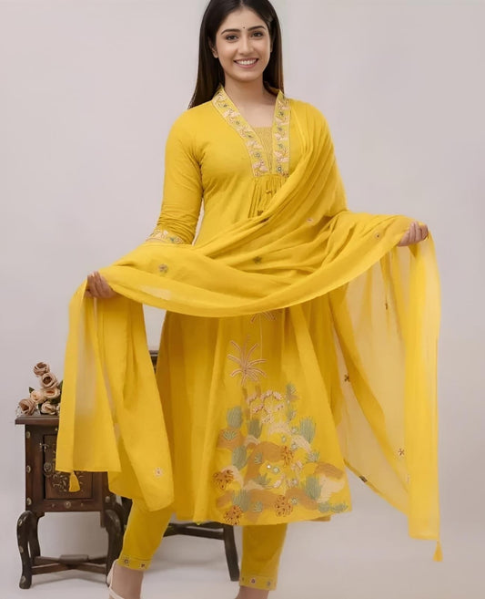 Libas Women Yellow Nri Embroidery Cotton Kurta Pant And Dupatta Set