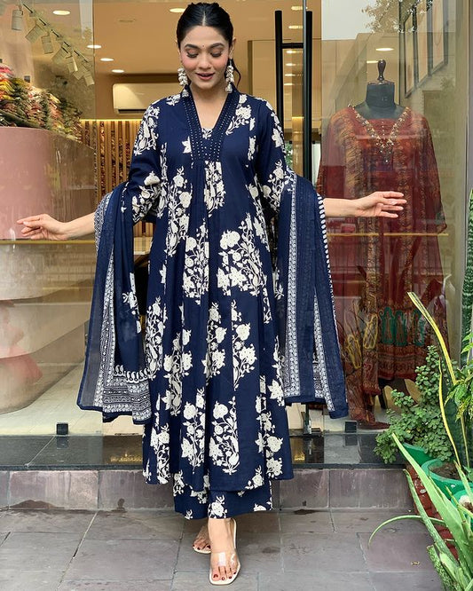 Libas Women Cotton Blue Kurta Pant And Dupatta Set