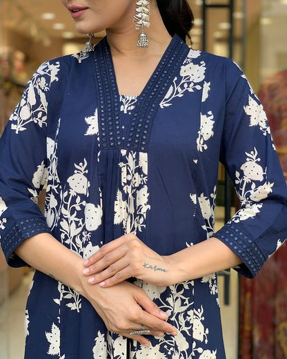 Libas Women Cotton Blue Kurta Pant And Dupatta Set