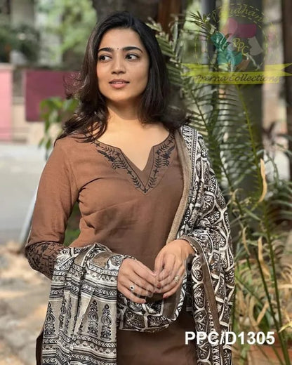 Libas Coffee Brown Embroidered Cotton Kurti With Pant And Khaddar Silk Digital Print Dupatta