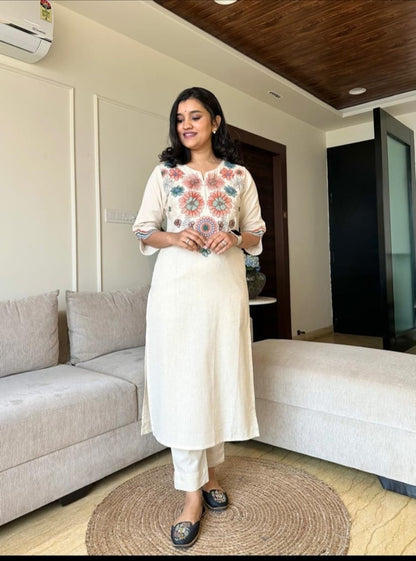 Libas Off White Embroidered Cotton Flex Kurta And Pant Set