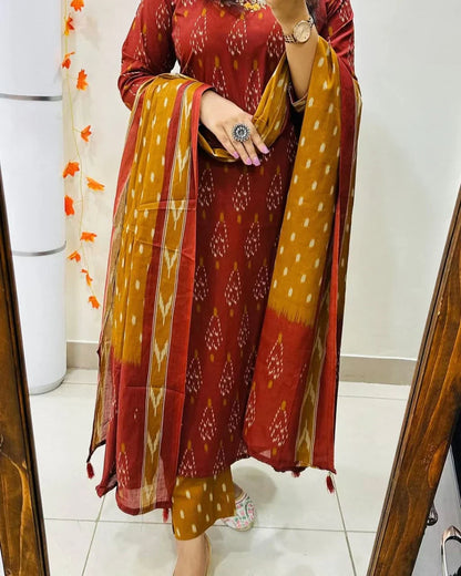 Libas Ikkat Print With Kurti Pant & Dupatta Set For Women