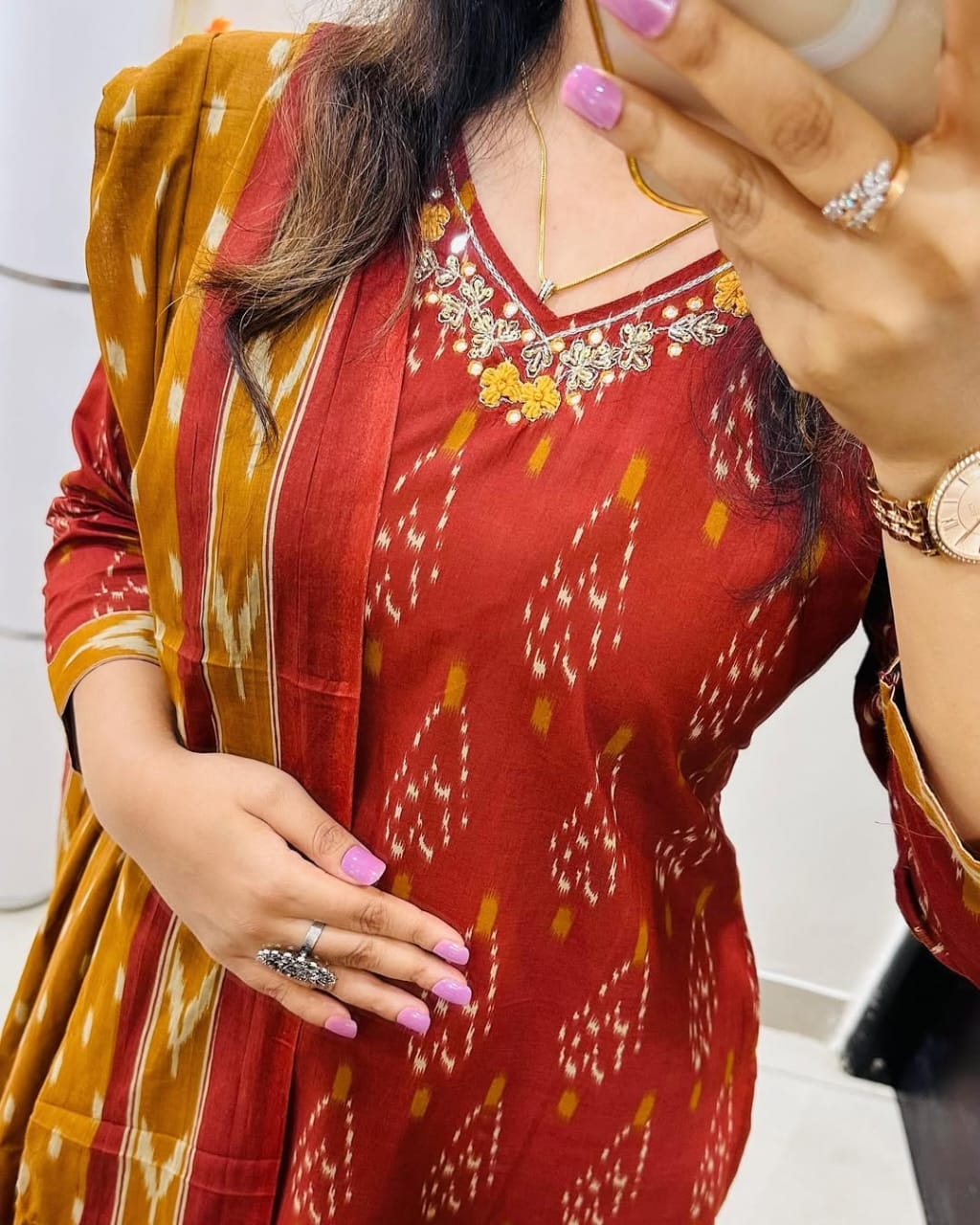 Libas Ikkat Print With Kurti Pant & Dupatta Set For Women