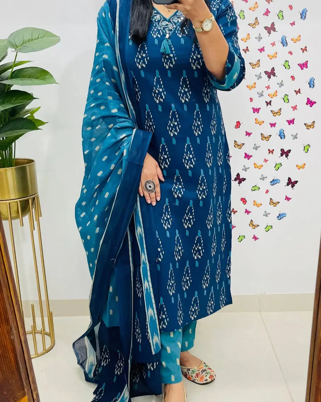Libas Ikkat Print With Kurti Pant & Dupatta Set For Women( Blue )