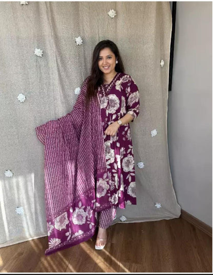 Libas Printed Cotton Anarkali Kurti With Plazo And Mulmul Dupatta