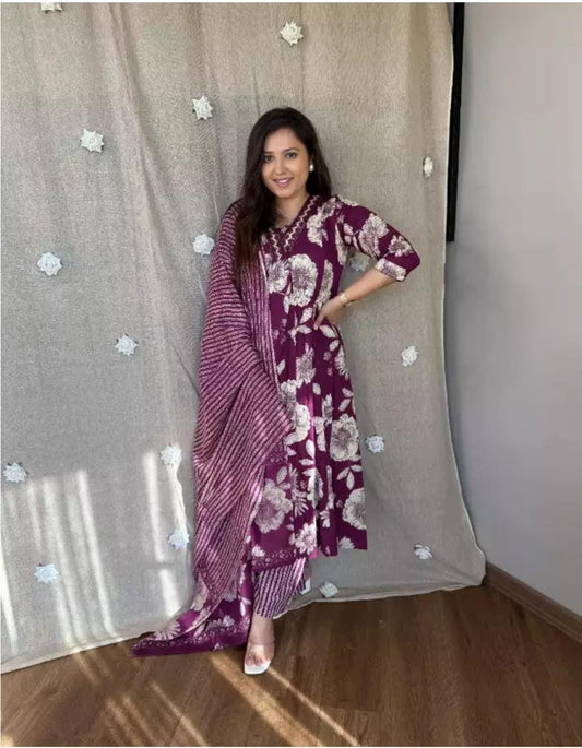 Libas Printed Cotton Anarkali Kurti With Plazo And Mulmul Dupatta