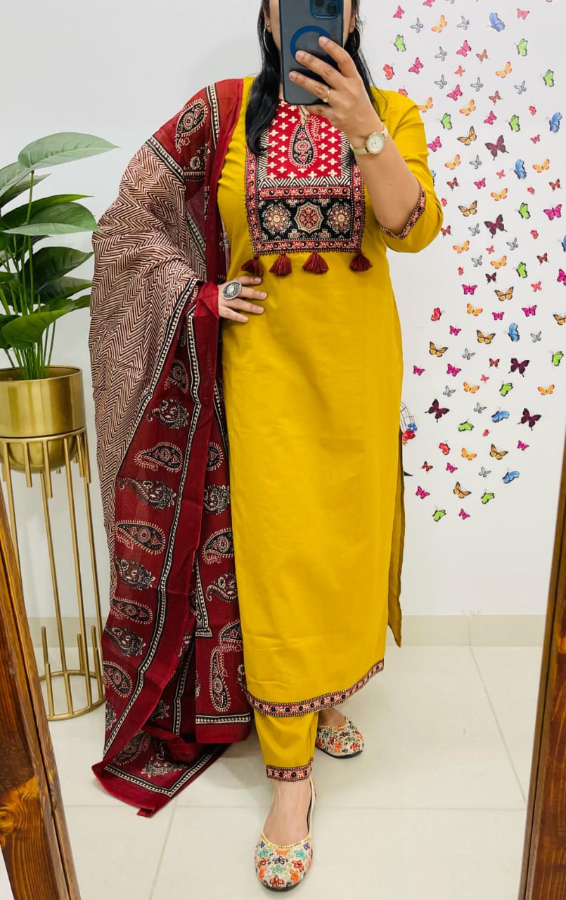 Soch Traditional Mustard Yellow Kurta Set With Ajrak Dupatta