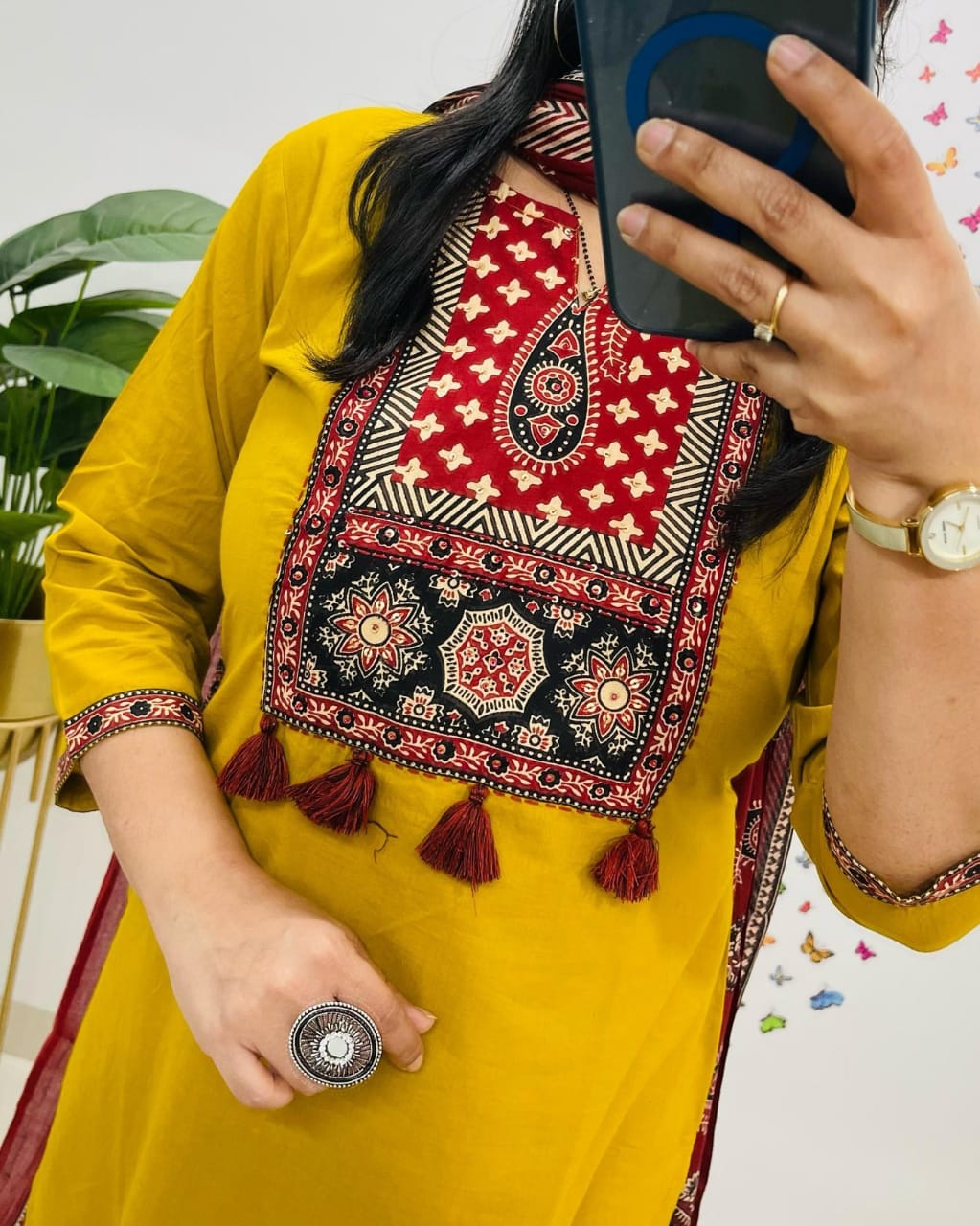 Soch Traditional Mustard Yellow Kurta Set With Ajrak Dupatta