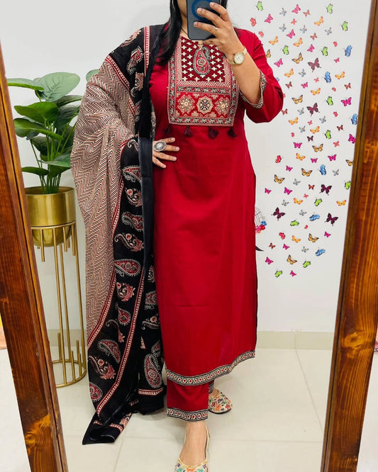 Soch Traditional Red Kurta Set With Ajrak Dupatta