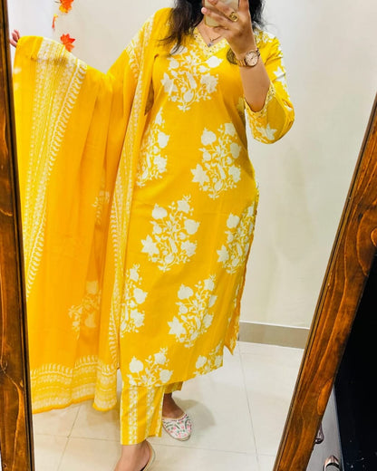 Libas Radiant Yellow Ethnic Ensemble With White Floral Embroidery