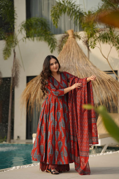 Libas Graceful Maroon Ethnic Set With Blue Leaf Block Print