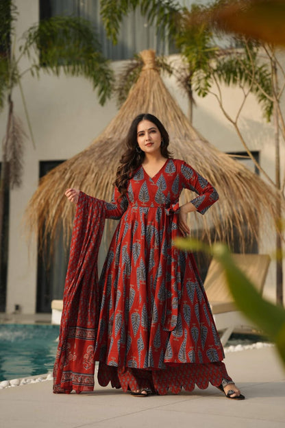 Libas Graceful Maroon Ethnic Set With Blue Leaf Block Print