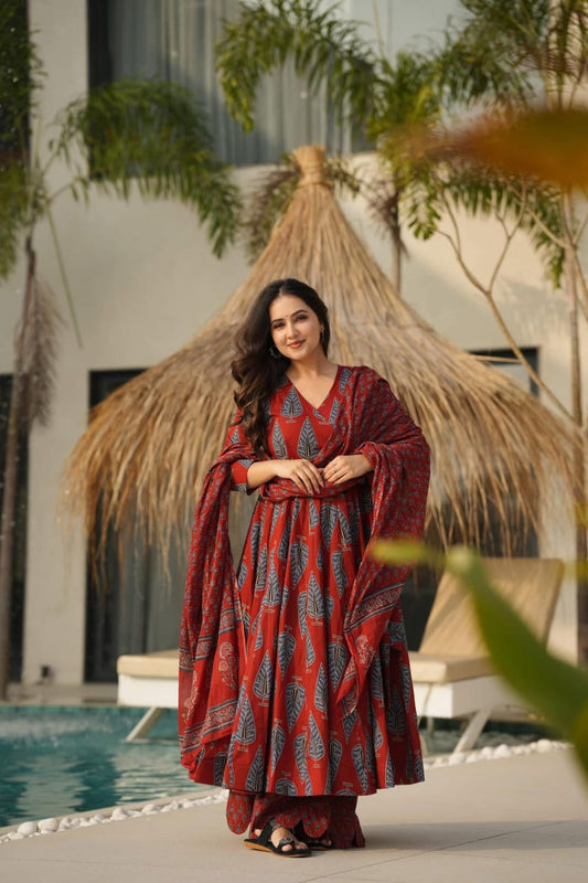 Libas Graceful Maroon Ethnic Set With Blue Leaf Block Print