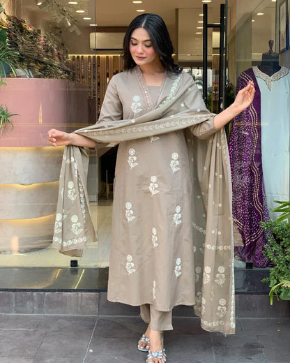 Libas Elegant Taupe Floral Embroidered Cotton Suit Set