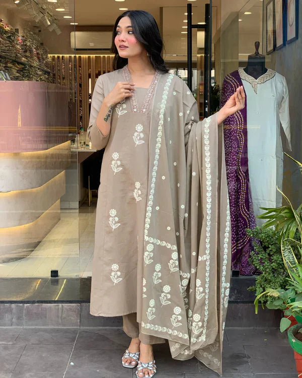 Libas Elegant Taupe Floral Embroidered Cotton Suit Set