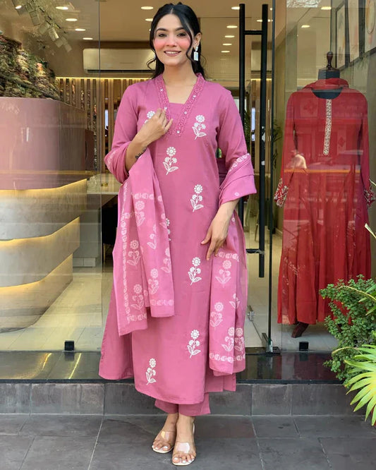 Libas Charming Rose Pink Floral Embroidered Cotton Suit Set