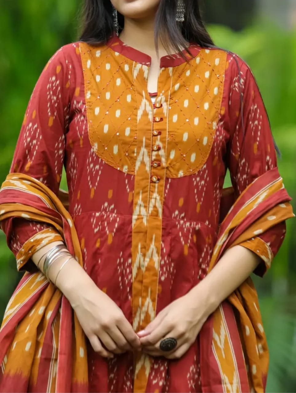 Libas Elegant Maroon & Rust Ikat Print Anarkali Suit Set