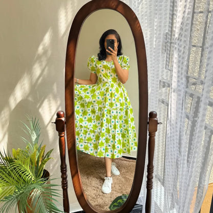 Libas Fresh Lime Green Floral Puff-Sleeve Midi Dress