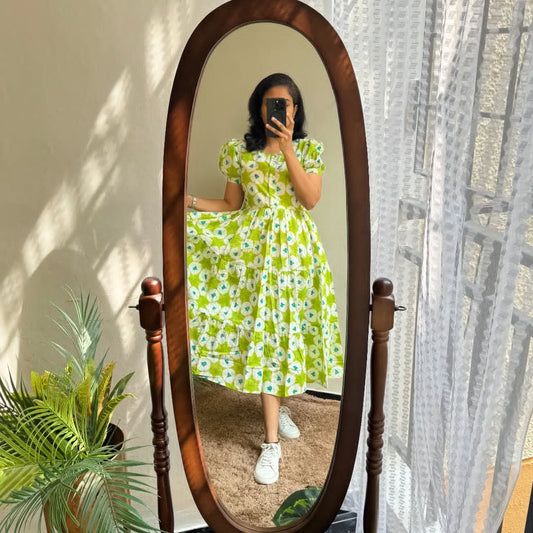 Libas Fresh Lime Green Floral Puff-Sleeve Midi Dress