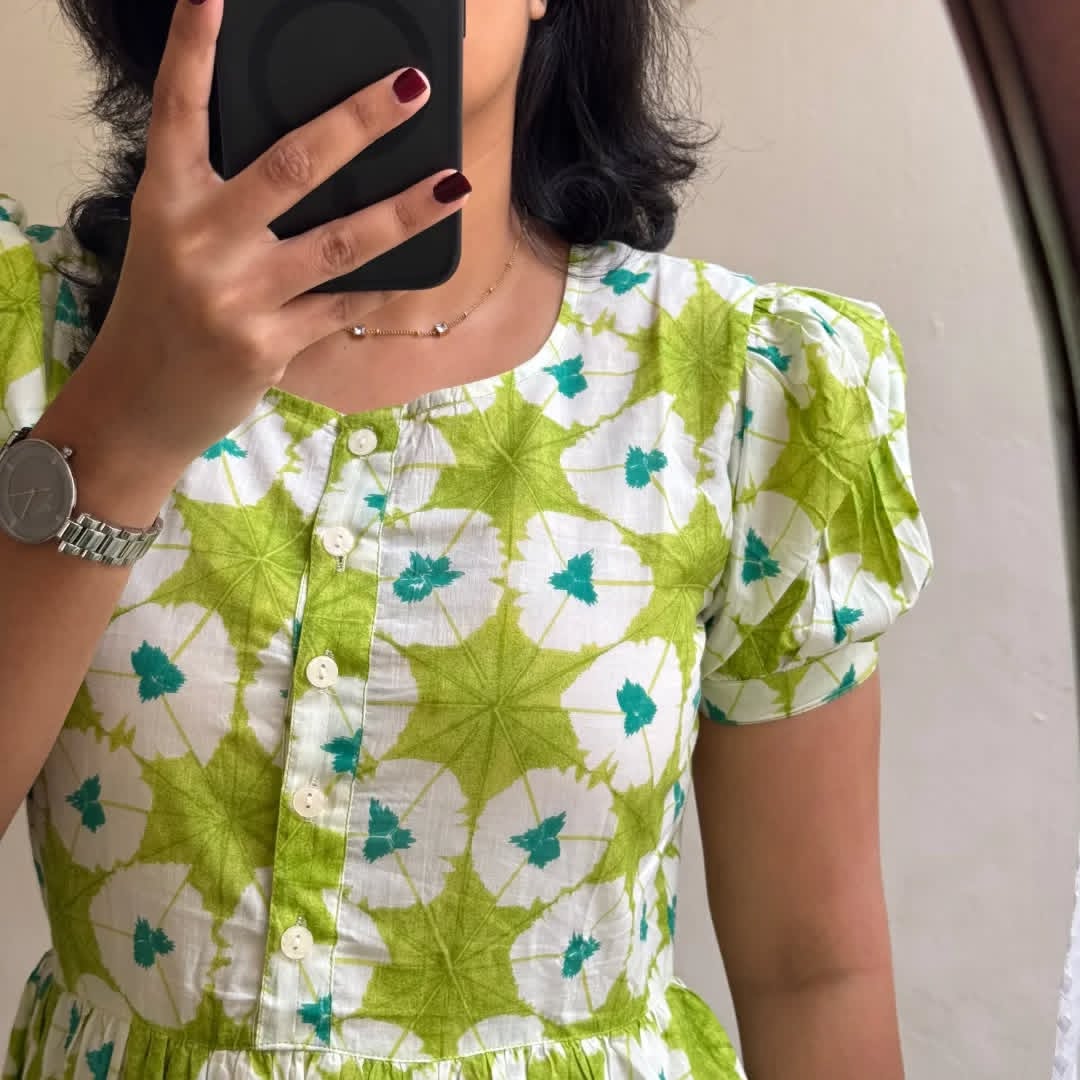Libas Fresh Lime Green Floral Puff-Sleeve Midi Dress