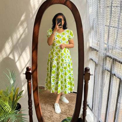 Libas Fresh Lime Green Floral Puff-Sleeve Midi Dress