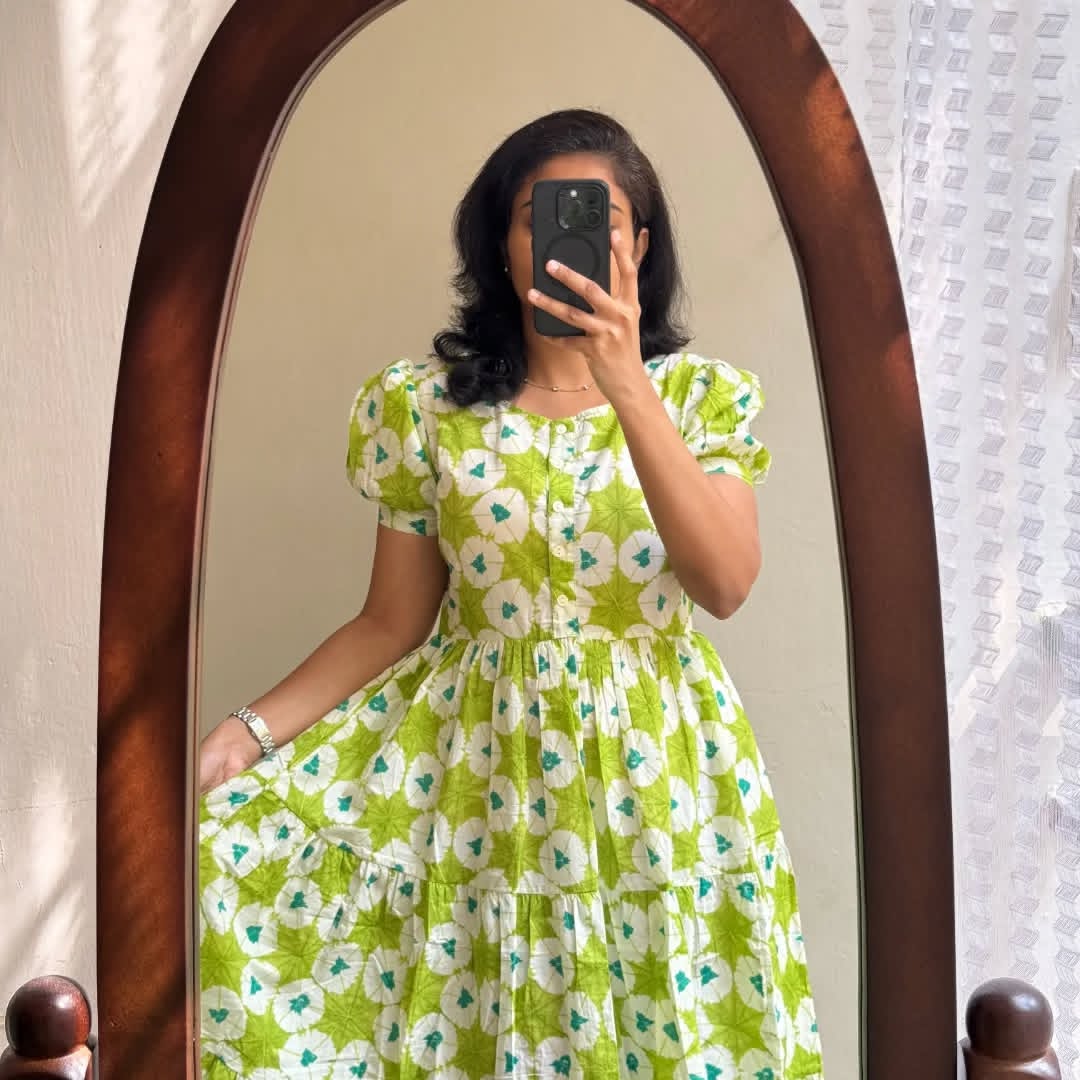Libas Fresh Lime Green Floral Puff-Sleeve Midi Dress