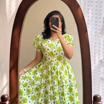 Libas Fresh Lime Green Floral Puff-Sleeve Midi Dress