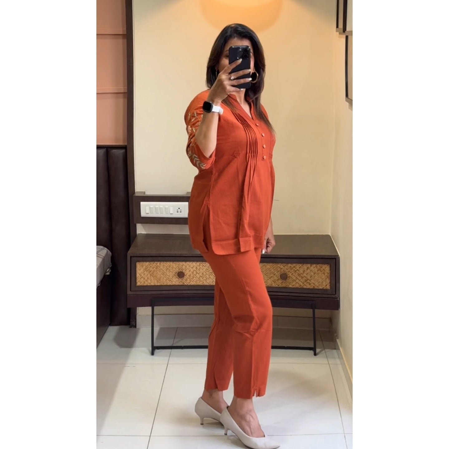 Libas Elegant Rust Orange Embroidered Cotton Co-Ord Set