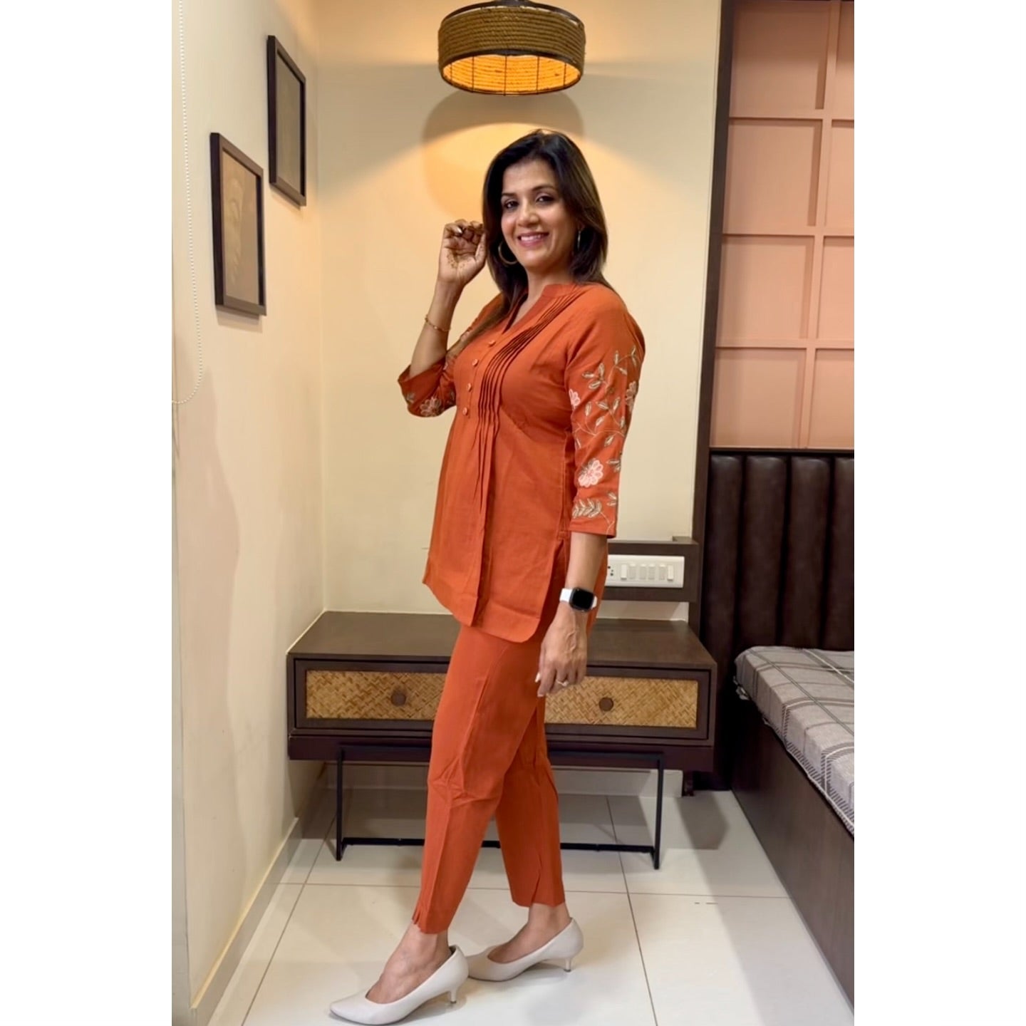 Libas Elegant Rust Orange Embroidered Cotton Co-Ord Set