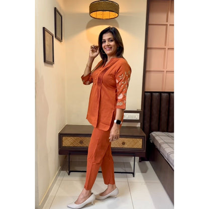Libas Elegant Rust Orange Embroidered Cotton Co-Ord Set