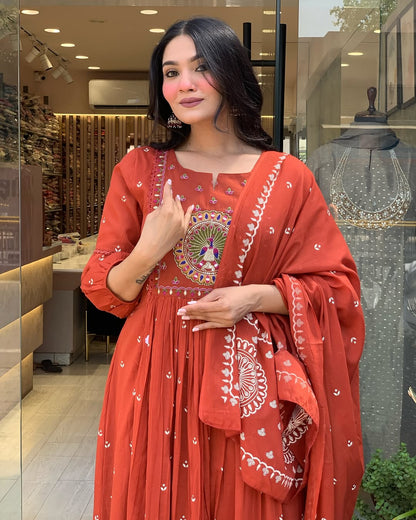 Libas Vibrant Rust Anarkali Suit with Embroidered Dupatta