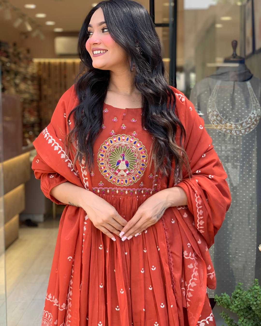 Libas Vibrant Rust Anarkali Suit with Embroidered Dupatta